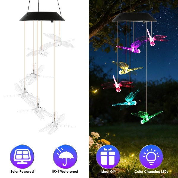 Color Changing Outdoor - Outdoor Hanging Dragonfly Solar Wind Chimes,
