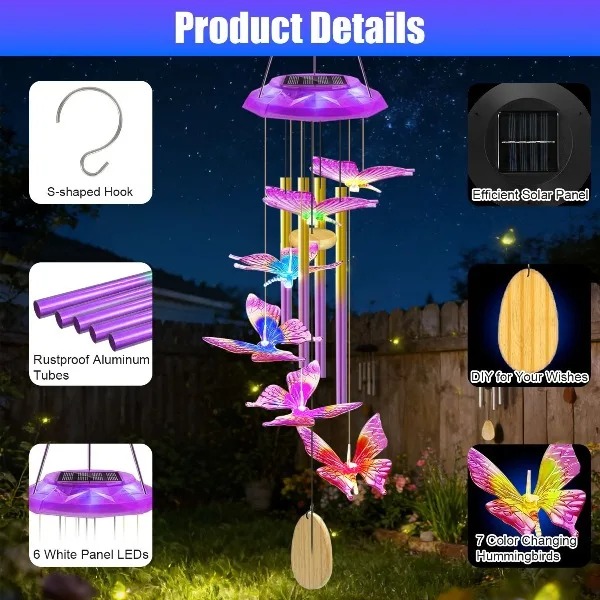 Solar Butterfly Wind Chime wit - đánh giá và giá Color Changing Outdoor